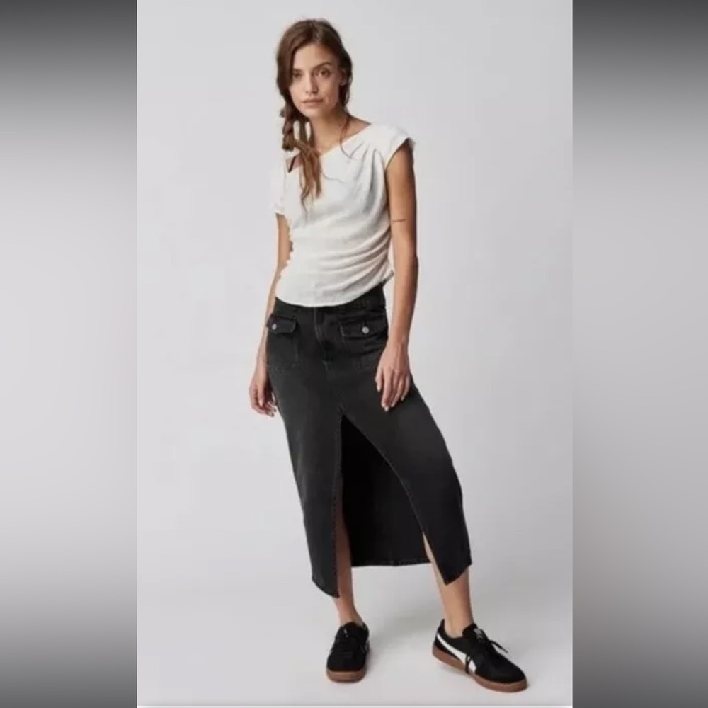 We the Free / Free People Madison Denim Midi Skirt in Black Wash SZ 30 NWOT